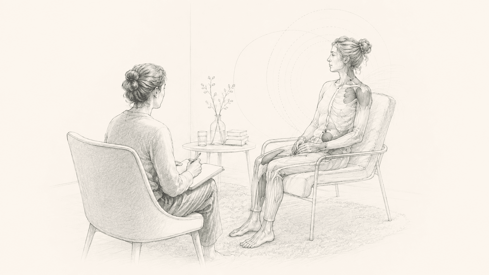 A drawing of a session: a practitioner sits taking notes opposite a client, whose musculature is picked out in green, with faint arcs marking what is being observed.